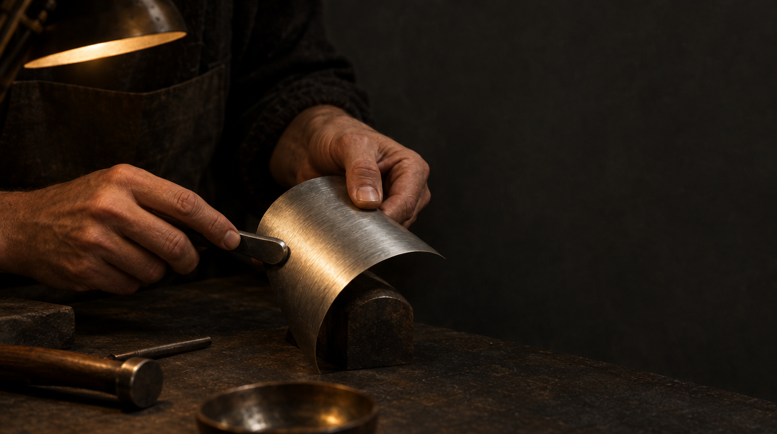 A craftsperson shapes a piece of brushed metal at a workbench